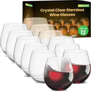 NutriChef Crystal-Clear Stemless Wine Glasses - 12-Piece Set (NGLWINE99)