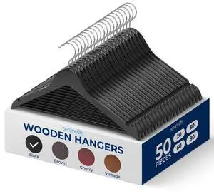 SereneLife Wooden Hangers - 50-Pack Non-Slip Heavy Duty Suit Hangers with 360° Swivel Hook (Black)
