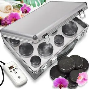 SereneLife Portable Hot Stone Massage System - Heated Rock Therapy Kit with Digital Temperature Controller, 12 Basalt Stones - PSLMSGST99