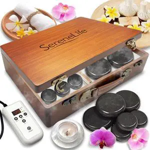 SereneLife Hot Stone Massage Kit - Portable Heated Rock Massaging Therapy System with Digital Controller - PSLMSGST70B