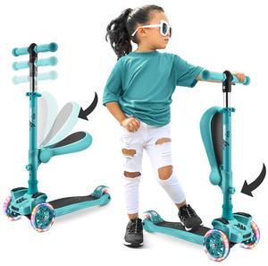 Hurtle ScootKid 3-Wheel Kids Scooter - LED Wheel Lights, Fold-Out Comfort Seat, Adjustable T-Bar Handlebar (Ages 1+) - HURFS86TB