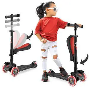 Hurtle ScootKid 3-Wheel Kids Scooter - LED Wheel Lights, Fold-Out Comfort Seat, Adjustable T-Bar Handlebar (Ages 1+) - HURFS96