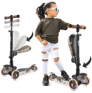 Hurtle ScootKid 3-Wheel Kids Scooter - LED Wheel Lights, Fold-Out Comfort Seat, Adjustable T-Bar Handlebar (Ages 1+) - HURFSRT (Real Tree)