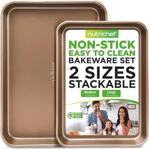 NutriChef Non-Stick Oven Pan Baking Sheets - 2pc Large & Medium Metal Oven Tray Set - Professional Quality, Rimmed Borders - NC2TRBK1