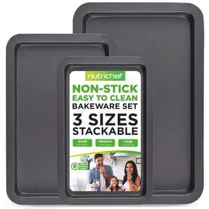NutriChef 3-Piece Nonstick Cookie Sheet Baking Pan - Professional Quality Kitchen Cooking Non-Stick Bake Trays with Black Coating - NCZK3B