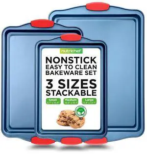 NutriChef 3-Piece Nonstick Cookie Sheet Baking Pan Set - Deluxe Blue Coating with Red Silicone Handles, Professional Quality Carbon Steel - NCSBSBL3