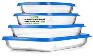 NutriChef 4-Piece Rectangular Glass Bakeware Set - High Borosilicate Glass Baking Dish with BPA-Free Lids, Heat-Resistant, Dishwasher Safe - NCGL4XBUL