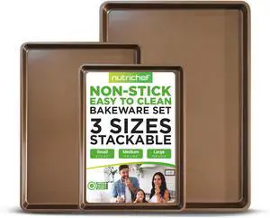 NutriChef 3-Piece Nonstick Carbon Steel Bakeware Set - Professional Home Kitchen Baking Trays with Gold Silicone Coating - NC3TRBX3