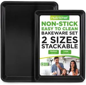 NutriChef 2-Piece Nonstick Cookie Sheet Baking Pan Set - Professional Quality Kitchen Cooking Non-Stick Bake Trays with Black Coating - NC2TRBL