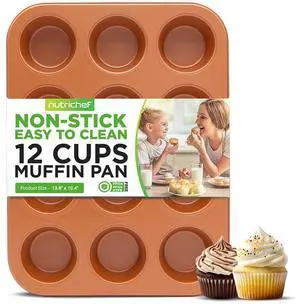 NutriChef 12-Cup Nonstick Muffin Pan - Professional Heavy Gauge Carbon Steel Bakeware, Dishwasher Safe - BKNCBSCC54MUFP