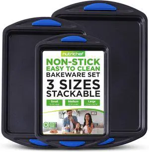NutriChef 3pc Nonstick Carbon Steel Cookie Pan Set - Blue Silicone Handles (NCBK3S)