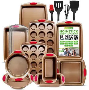 NutriChef 15pc Nonstick Carbon Steel Bakeware Set  Golden Coating, Red Silicone Handles - NCRRL15GLD