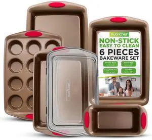 NutriChef 6pc Nonstick Carbon Steel Bakeware Set  Golden Coating, Red Silicone Handles - NCRRL6GLD
