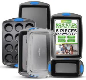 NutriChef 6pc Nonstick Carbon Steel Bakeware Set  Gray Coating, Blue Silicone Handles - NCRRL6GRY