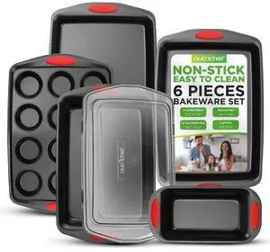 NutriChef 6pc Nonstick Carbon Steel Bakeware Set  Black Coating, Red Silicone Handles - NCRRL6BLK