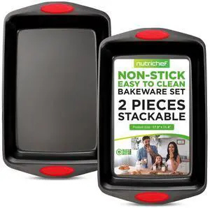 NutriChef 2pc Nonstick Carbon Steel Baking Pan Set  Black Coating, Red Silicone Handles - NCRL2SBLK