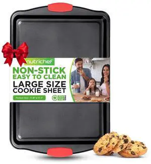 NutriChef Large Nonstick Cookie Sheet  Gray Coating, Red Silicone Handles - BKNCSBS3SLARGCS