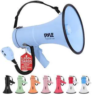 Pyle PMPRA514BL Portable Speaker Bullhorn Megaphone with Siren, 50-Watt, Aux Input, Blue