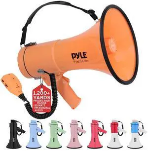 Pyle PMPRA514OR Portable Speaker Bullhorn Megaphone with Siren, 50-Watt, Aux Input, Orange