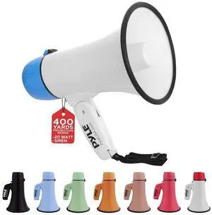 Pyle PMPRA214WHI Portable Speaker Bullhorn Megaphone with Siren, 20-Watt, Aux Input, White