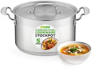 NutriChef NCSPT5Q Stainless Steel Cookware Stockpot, 5 Quart, Heavy Duty Induction Pot with Lid