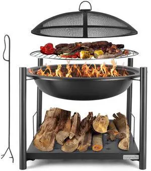 SereneLife 26" Steel Outdoor Wood Fire Pit with Grill & Spark Screen - SLNFWD74