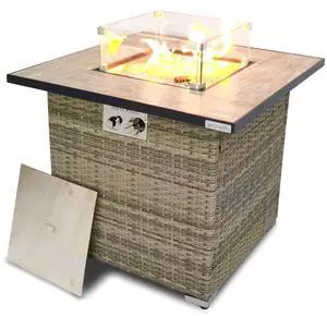 SereneLife 40,000 BTU Propane Gas Fire Pit Table - SLFPX45 - 30" Square Wicker with Tile Top