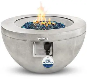SereneLife 40,000 BTU Propane Gas Fire Pit Table - Round, Stainless Steel Burner, Blue Glass Rocks, Outdoor Fire Pit with Cover