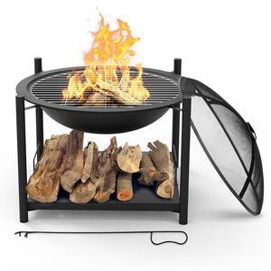 SereneLife Outdoor Wood Fire Pit - 26" Steel BBQ Grill Fire Pit with Mesh Spark Screen, Log Grate, Poker & Wood Storage Shelf