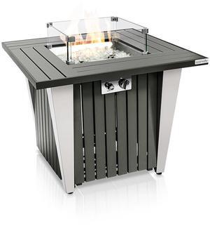 SereneLife 50,000 BTU Outdoor Propane Gas Fire Pit Table - Square, Stainless Steel Lid, Legs & Burner, with Glass Rocks & Wind Guard