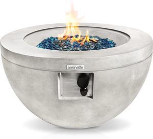 SereneLife 40,000 BTU Propane Gas Fire Pit Table - Round, Stainless Steel Burner, Blue Glass Rocks, with PVC Cover for Outdoor Use