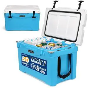 SereneLife 50-Quart Portable Cooler Box - Blue, Holds 63 Cans, Ice Retention Up to 5 Days