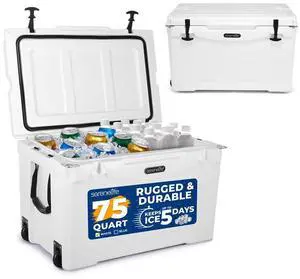 SereneLife 75-Quart Portable Cooler Box - White, Holds 63 Cans, Ice Retention Up to 5 Days