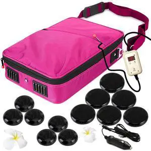 SereneLife Portable Hot Stone Massage System - Includes 12 Basalt Stones, Digital Temperature Controller, Heating Bag (Pink)