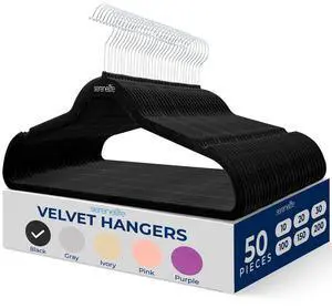 SereneLife 50 Pcs Velvet Non-Slip Hangers  Heavy Duty Coat Hanger Set with 360° Swivel Hook (Black)