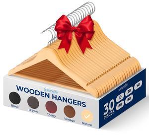 SereneLife 30 Pcs Wooden Non-Slip Clothes Hangers  Heavy Duty Suit Hanger Set with 360° Swivel Hook (Natural)