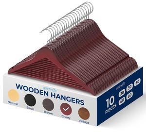 SereneLife 10 Pcs Cherry Wooden Non-Slip Clothes Hangers  Heavy Duty Suit Hanger Set with 360° Swivel Hook and Pants Bar