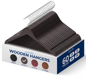 SereneLife 60 Pcs Brown Wooden Non-Slip Clothes Hangers  Heavy Duty Suit Hanger Set with 360° Swivel Hook and Pants Bar