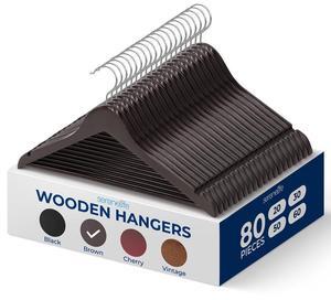 SereneLife 80 Pcs Brown Wooden Non-Slip Clothes Hangers  Heavy Duty Suit Hanger Set with 360° Swivel Hook and Pants Bar