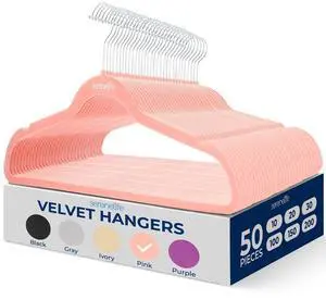 SereneLife Velvet Hangers, Non-Slip Heavy Duty Coat Hanger Set, 360° Swivel Hook, Space-Saving, 50 Pack, Pink