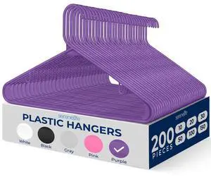 SereneLife Plastic Hangers, Non-Slip Heavy Duty Coat Hanger Set, 360° Swivel Hook, Space-Saving, 200 Pack, Purple