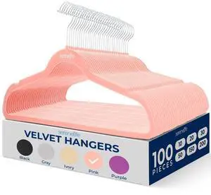 SereneLife Velvet Hangers, Non-Slip Heavy Duty Coat Hanger Set, 360° Swivel Hook, Space-Saving, 100 Pack, Pink