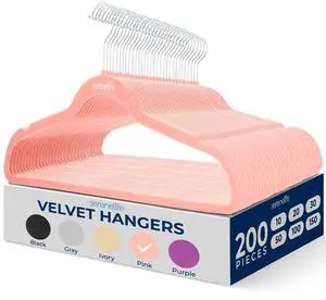 SereneLife Velvet Hangers, Non-Slip Heavy Duty Coat Hanger Set, 360° Swivel Hook, Space-Saving, 200 Pack, Pink