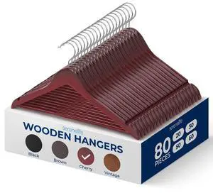 SereneLife Wooden Hangers, Non-Slip Heavy Duty Suit Hanger Set, Chrome 360° Swivel Hook, Notches Design, 80 Pack, Cherry