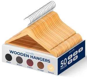 SereneLife Wooden Hangers, Non-Slip Heavy Duty Suit Hanger Set, Chrome 360° Swivel Hook, Notches Design, 50 Pack, Natural