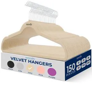 SereneLife Velvet Hangers, Non-Slip Heavy Duty Coat Hanger Set, 360° Swivel Hook, Space-Saving, 150 Pack, Ivory