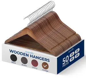 SereneLife Wooden Hangers, Non-Slip Heavy Duty Suit Hanger Set, Chrome 360° Swivel Hook, Notches Design, 50 Pack, Vintage