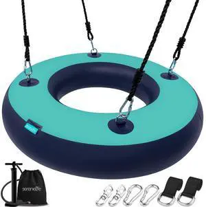 SereneLife 36" Inflatable Tire Swing with Hang Kit, Indoor/Outdoor Hanging Rope Swinging Seat Spinner with Swivel, Hand Pump, Carry Bag