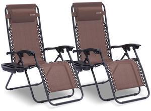 SereneLife Outdoor Adjustable Zero Gravity Lounge Chair Recliners with Plastic Cup Holder Side Table and Padded Headrest Pillows, 2 Pack, Brown