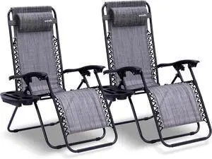 SereneLife Outdoor Adjustable Zero Gravity Lounge Chair Recliners with Plastic Cup Holder Side Table and Padded Headrest Pillows, 2 Pack, Gray